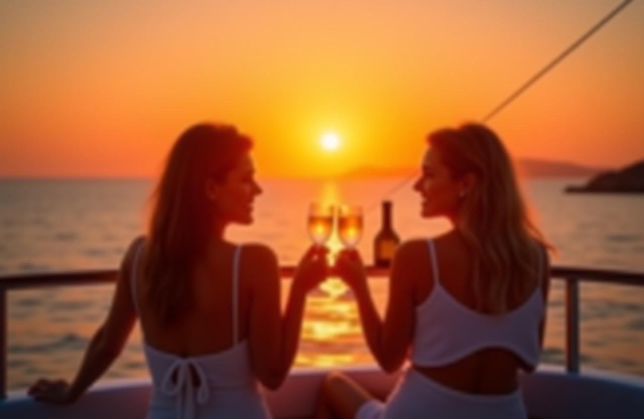 Romantisches Paar auf Yacht bei Sonnenuntergang mit Champagner